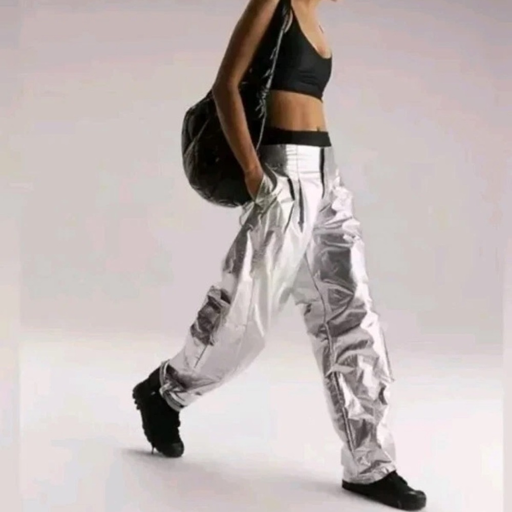 FP Movement Mesmerize Me Shine Pants NWOT Size S Silver